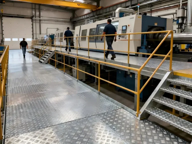 Industrial steel flooring applications including factory platforms, walkways and steel stair treads
