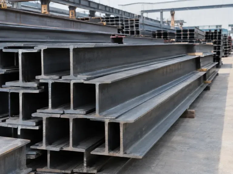 ASTM A992 and A572 Grade 50 structural steel beams stacked in a steel stockyard