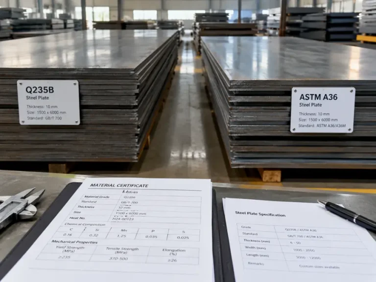 Q235B and ASTM A36 steel plate comparison in a steel warehouse with material certificates