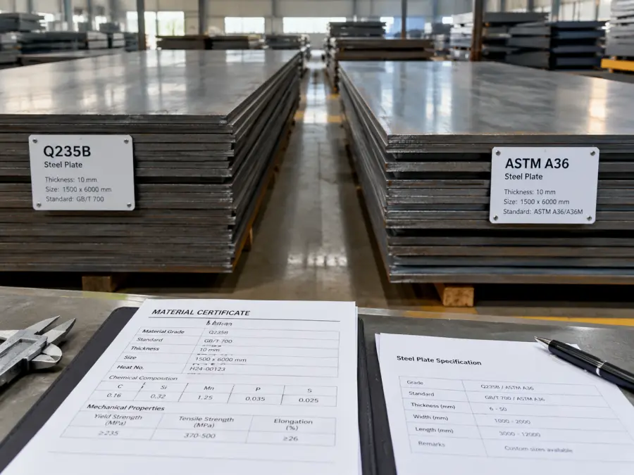 Q235B and ASTM A36 steel plate comparison in a steel warehouse with material certificates