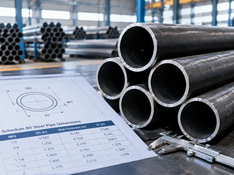 Schedule 80 steel pipes with a dimensional chart showing outside diameter and wall thickness